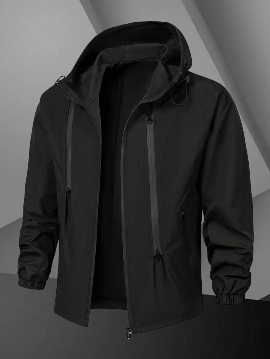 Manfinity Homme Áo khoác nam dài tay có mũ trùm đầu đơn sắc khóa kéo phía trước kiểu dáng tối giản - màu đen - Xem 1