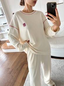 DAZY 撞色装饰休闲家居服套装睡衣 - 杏色 - 查看 3