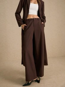 Poéselle Women's Brown Low Rise Casual Suit Pants With Side Pockets, Old Money, Office Wear, Business Casual Women's Wear, Business Women's Wear, Women's Low Rise Formal Trousers, Fall Essentials, Fall Wear, Winter Women's Wear, Frenchy Style - Chocolate Brown - View 4