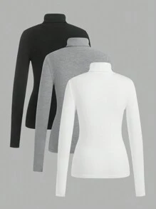 SHEIN EZwear 3 Pack Women's Casual  Turtleneck Long Sleeve Shirt Lightweight Slim Pullover Basic Undershirts Active Turtle Neck T-Shirts ,Autumer / Winter