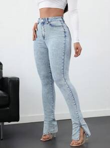 SHEIN Tall Jeans pitillo elásticos para mujer con abertura lateral, azul