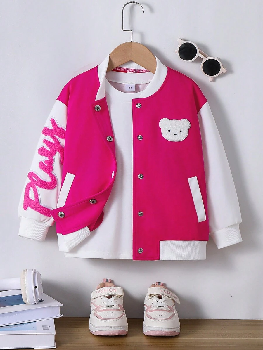 Young Girl Color-Block Baseball Collar Loose Casual Jacket ,Bomber Jacket Kids - Hot Pink - View 1