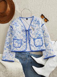 Poéselle 女士印花系带休闲长袖羽绒服，蓬松绗缝外套，波西米亚田园风，秋冬外套 - 藍色 - 查看 2