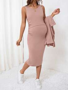 SHEIN MaterniWear 2pcs Casual Autumn Maternity Outfit Cardigan Dress Set - Khaki - View 4