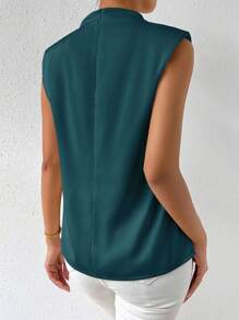 RosyDaze 休闲缎面不对称褶皱无袖衬衫，夏季 - 水鴨藍 - 查看 2