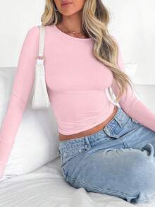 3pcs/Set Women Crew Neck Long Sleeve Basic Solid Color T-Shirt, Fitted Casual Pullover Tops, Spring & Autumn - Multicolor - View 7
