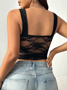 SHEIN EZwear Top de tirantes de encaje vintage negro en talla grande, para el verano