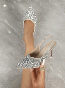 CUCCOO TILAWA 女士尖头细高跟鞋，日常穿着法式优雅性感婚礼派对水钻正装鞋秋季新年假期 - 銀色 - 查看 1