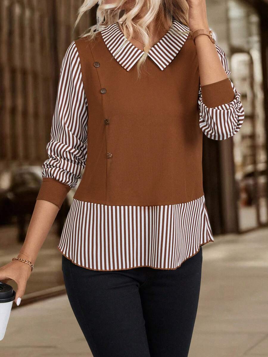 EMERY ROSE 休闲条纹拼布长袖衬衫，秋季春季 - 咖啡棕 - 查看 1