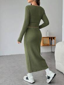 SHEIN Maternity Women's Letter Patched Long Sleeve Cropped Top & Bodycon Skirt 2Pcs Set - Green - View 2