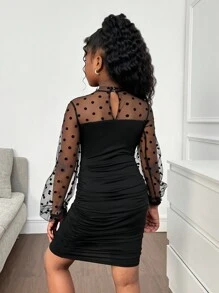 SHEIN Tween Girls' Elegant Polka Dot Mesh Splice Ruched Puff Sleeve Stand Collar Bodycon Dress, Black, Suitable For Home, Outing, Party, Halloween - Black - View 2