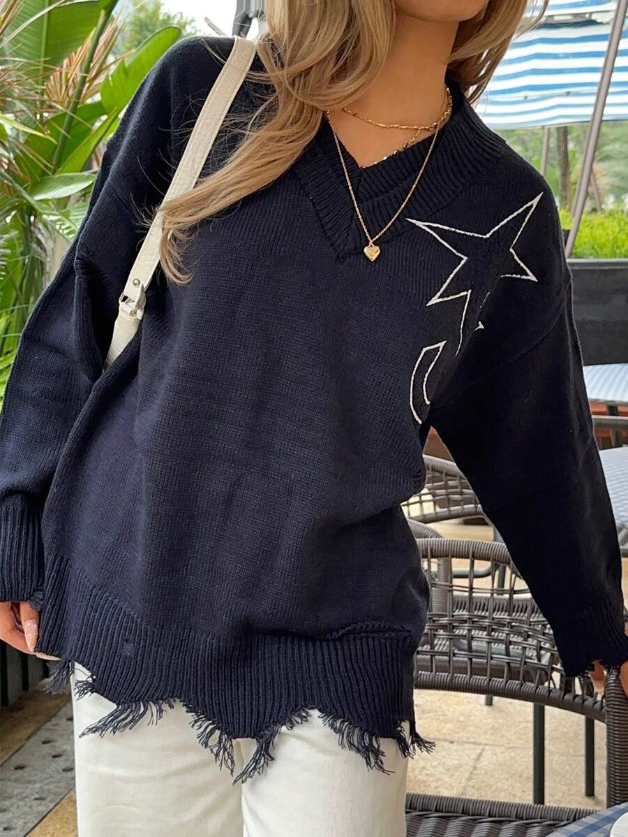 SHEIN EZwear Star Pattern Drop Shoulder Distressed Trim Sweater - Navy Blue - View 1