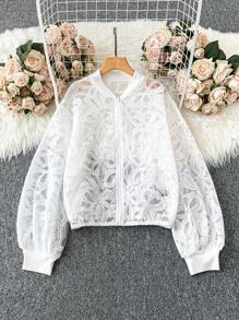 Seusyu Áo khoác bóng chày có khóa kéo màu trơn dành cho nữ - Màu be - Xem 1