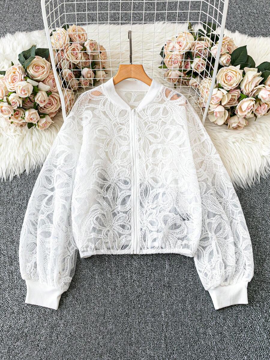 Seusyu Áo khoác bóng chày có khóa kéo màu trơn dành cho nữ - Màu be - Xem 1