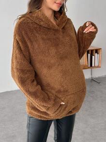 SHEIN Áo nỉ bầu | Áo chui đầu trơn | Áo khoác lông cừu Teddy | Áo nỉ đi học | Áo nỉ đồng phục giáo viên vai rớt, chi tiết vá, thích hợp cho mùa đông - màu nâu - Xem 5