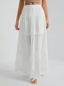 SHEIN Tall White Woven Women's Large Hem White Lining Skirt, Suitable For Vacation And Going Out
