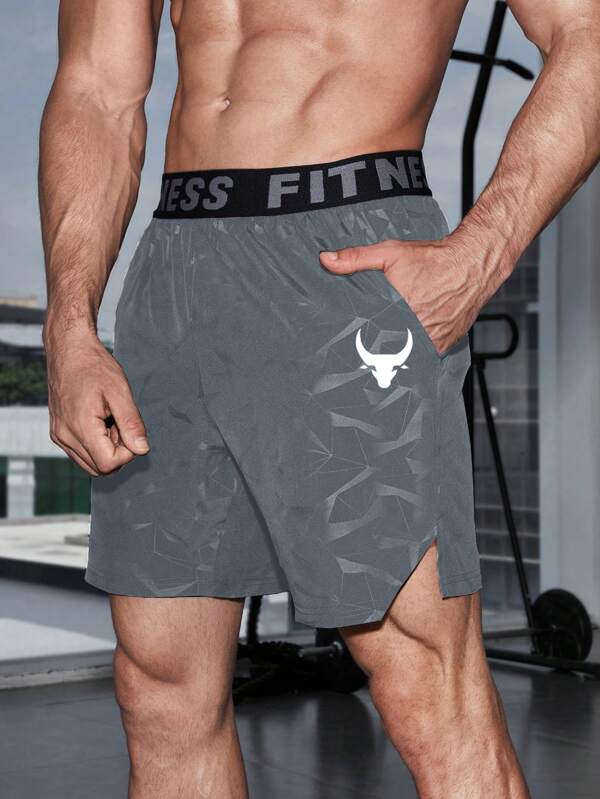 Manfinity Sport Streetwear Boyfriend-Stil Herren Bull Muster & Buchstaben Gurtband Lässig Shorts, Sportbekleidung Graue Shorts