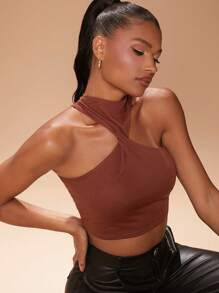 SHEIN Haute 扭纹前挂脖领上衣 - 酒紅色 - 查看 5