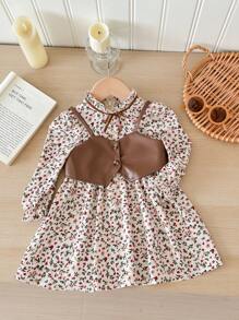 SHEIN LMoss Kids LMoss 2 件装女婴碎花长袖连衣裙和 PU 皮革吊带上衣套装，秋冬款 - 彩色 - 查看 5