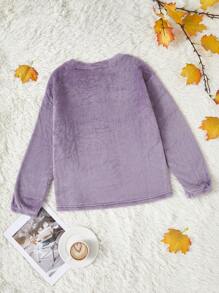 字母刺繡落肩袖法蘭絨休閒服上裝 - 紫色 - 查看 2