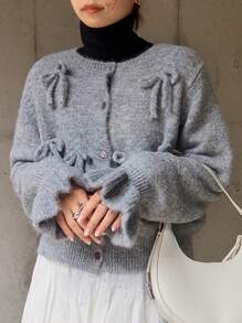 FRIFUL Women's Bow Decorated Thicken Fleece Sweater,Fall Women Clothes,Winter