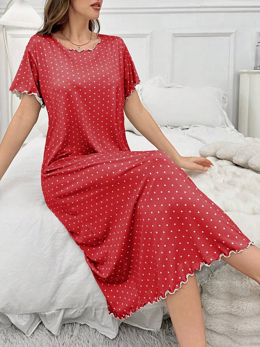 Floral Trim Polka Dot Allover Print Casual Sleepshirt, Daily Loungewear PerfectSummer - Burgundy - View 1