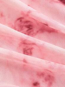 SHEIN MOD Plus Size Romantic Pink Floral Print Gathered Mesh Flare Sleeve Dress - Multicolor - View 3