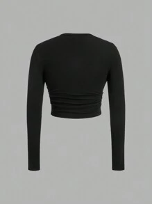 SHEIN EZwear 2 件套女士休闲简约黑灰色花卉印花圆领长袖 T 恤，适合春秋季节 - 彩色 - 查看 4