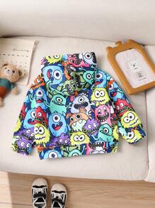 SHEIN Baby Boy Unisex Casual Cute Funny Monster Print Hooded Sweatshirt, Loose Fit, Suitable For Spring & Fall Wear, Suitable For Indoor And Outdoor