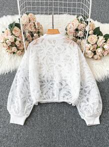 Seusyu Áo khoác bóng chày có khóa kéo màu trơn dành cho nữ - Màu be - Xem 2