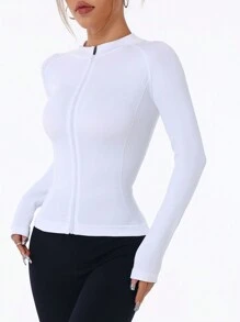 SHEIN Sports Women's Solid Color Raglan Sleeve Zipper Front Fitted Active Jacket - White - View 1