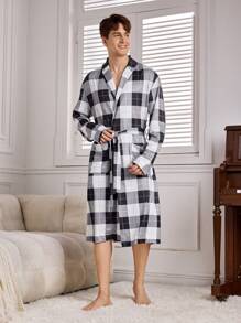 Men's Plaid Print Waist Tie Long Sleeve Robe - Multicolor - View 3