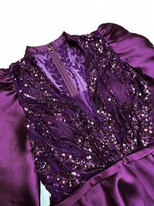 YISIKADO Women's Formal Ball Gown, Luxurious Satin & Mesh Beaded Puff Sleeve Evening Dress, Long Sleeve Prom Dress, For Wedding Guest, Graduation, Dinner - Purple - View 9