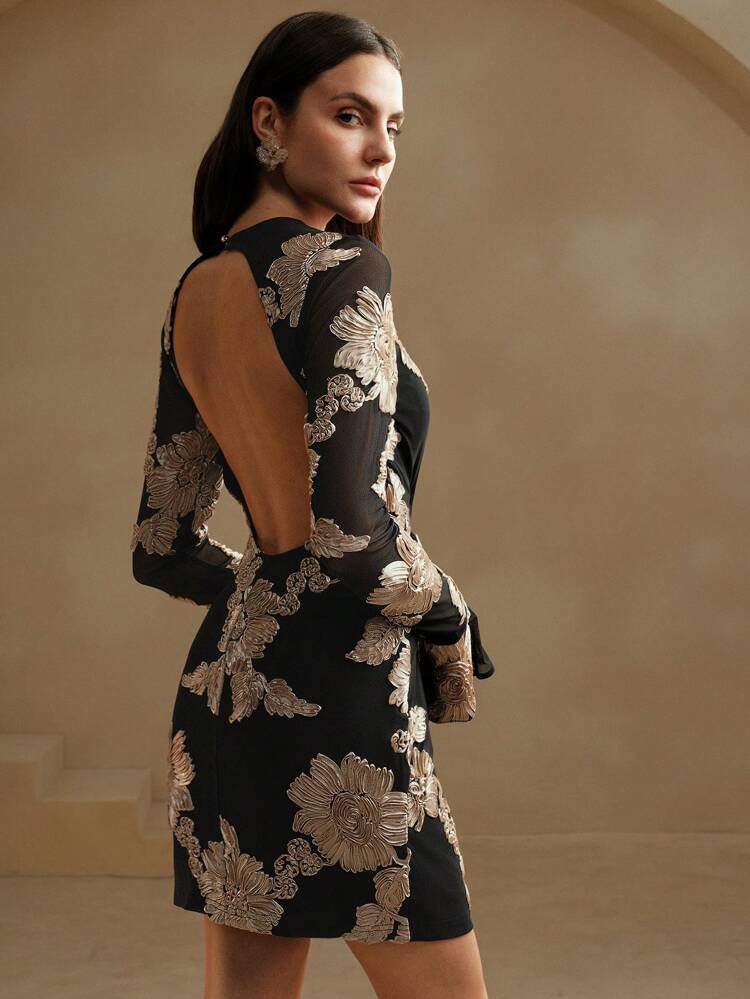 Floral Print Round Neck Long Sleeve Casual Short Dress