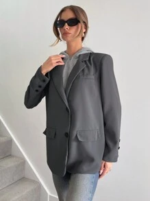 SHEIN Essnce Women Blazers,Women Hooded 2 In 1 Suit Jacket, Casual Loose Blazer, Grey, Women Office Wear, Business Casual Ladies OutfitWomen Blazers,Police Women Costume,Business Casual Women Costume, Winter Clothes,Elegant,Office Teacher Wear, Commuter Women's Suit - Grey - View 5