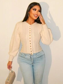 Zolique 女开衫针织开衫长袖镂空条纹油条麻花杏色纽扣修身朋友聚会秋冬女装 - 杏色 - 查看 1