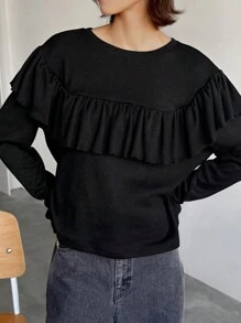 FRIFUL 女款純色圓領長袖休閒拼接荷葉邊校園風T恤 - 黑色 - 查看 8