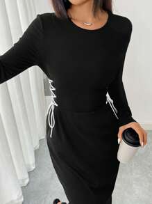 Modelyn 女士圆领长袖拼色前系带修身连衣裙 - 黑色 - 查看 6