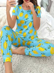 Lemon Print Short Sleeve Pajama Set - Dusty Blue - View 3