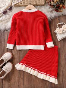 SHEIN 2pcs Girls Autumn Set, Child Floral Decor Cardigan Sweater And Ruffle Hem Skirt Red Knit Suit, Christmas Holiday Outfit - Red - View 2