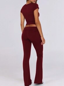 GAOVOT Women's Two Pieces Spring/Summer Home Casual Sports Gym Round Neck Short Sleeve T-Shirt Top And Straight Pant Suit Elegant - Burgundy - View 2