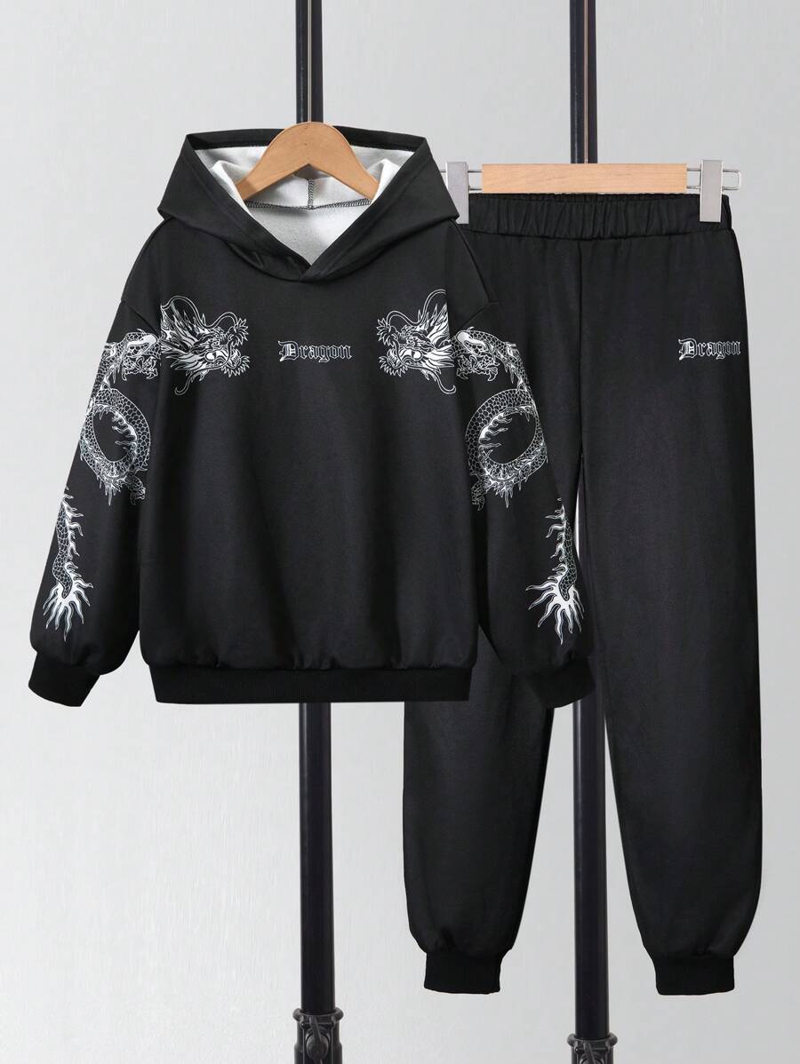2pcs Boys Casual Dragon Pattern Sweatshirt And Sweatpants Set - Black - View 1