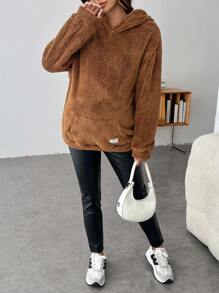 SHEIN Áo nỉ bầu | Áo chui đầu trơn | Áo khoác lông cừu Teddy | Áo nỉ đi học | Áo nỉ đồng phục giáo viên vai rớt, chi tiết vá, thích hợp cho mùa đông - màu nâu - Xem 3