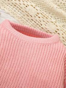 女宝宝纯色花朵刺绣长袖休闲毛衣 - 粉色 - 查看 5