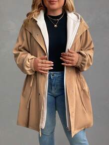 SHEIN LUNE 大码女式冬季纯色长袖二合一保暖内衬腰部抽绳连帽夹克冬季服装 - 卡其色 - 查看 6