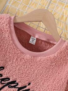 Tween Girl 粉色简约毛绒动物猫图案刺绣长袖上衣和裤子睡衣套装，舒适温暖的家居服