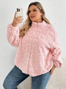SHEIN CURVE+ Áo khoác trái tim màu hồng thường ngày cỡ lớn, dành cho mùa đông - Hồng - Xem 3