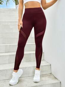 Yoga Basic Mesh Contrast High Waist Seamless Leggings - Burgundy - View 3