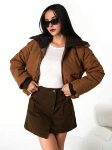 SHEIN Áo khoác đệm cổ đan thời trang giản dị cho bé gái tuổi teen, màu nâu - màu nâu - Xem 4