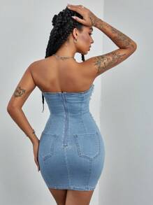 SHEIN ICON Váy ống denim xẻ tà gợi cảm ôm sát, chắp vá viền thô mùa hè cho nữ - Rửa trung bình - Xem 2